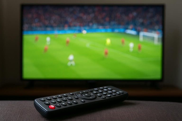 Sfeershot van een streamingplatform op een tv-scherm tijdens voetbaluitzending