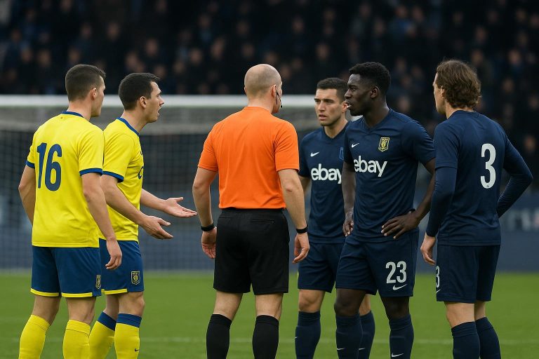 Spelers van STVV en Union Saint-Gilloise discussiëren na een fase in het strafschopgebied.