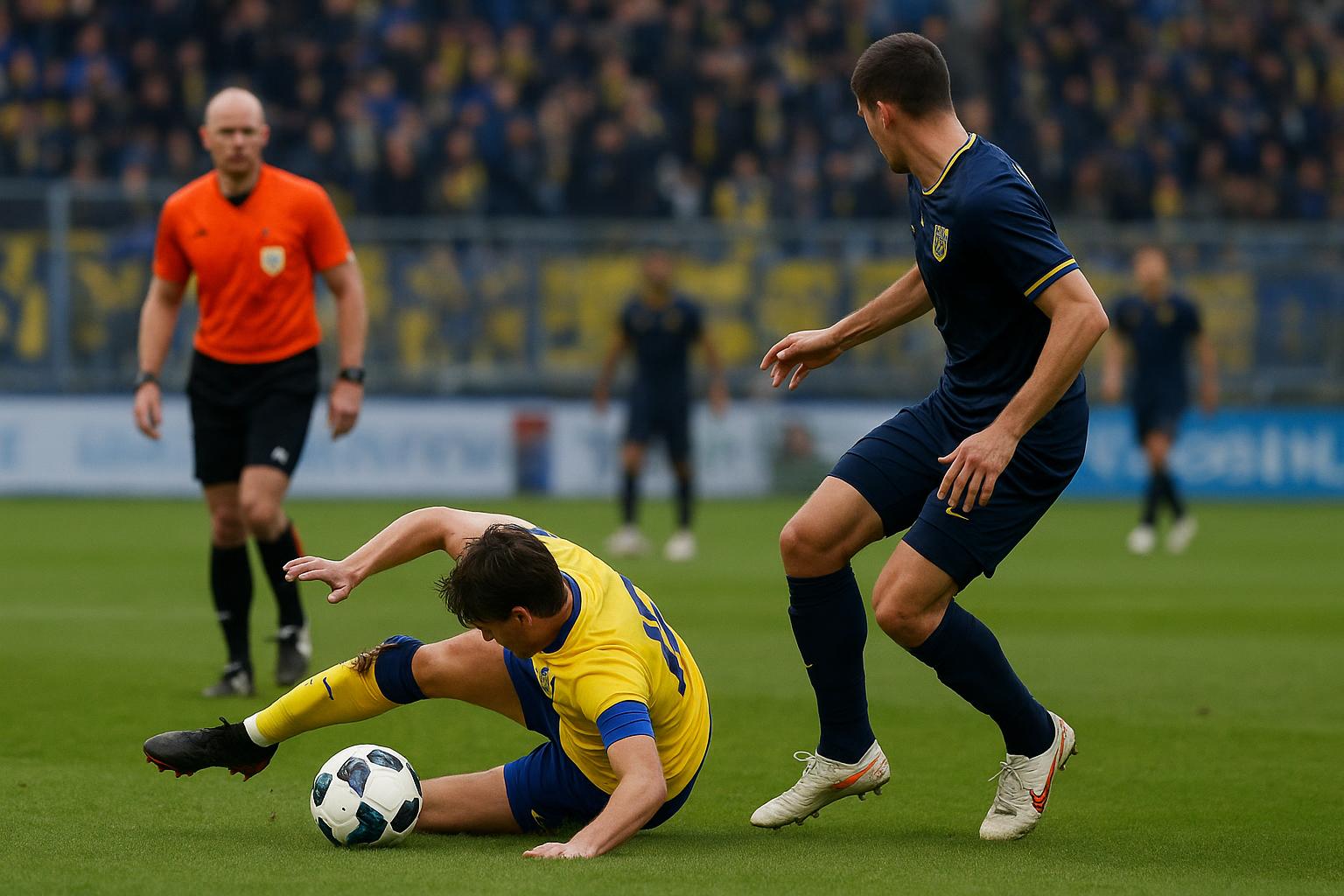 Spelsituatie tijdens Union SG tegen STVV in het Dudenpark met discussie over een mogelijke strafschopfase.
