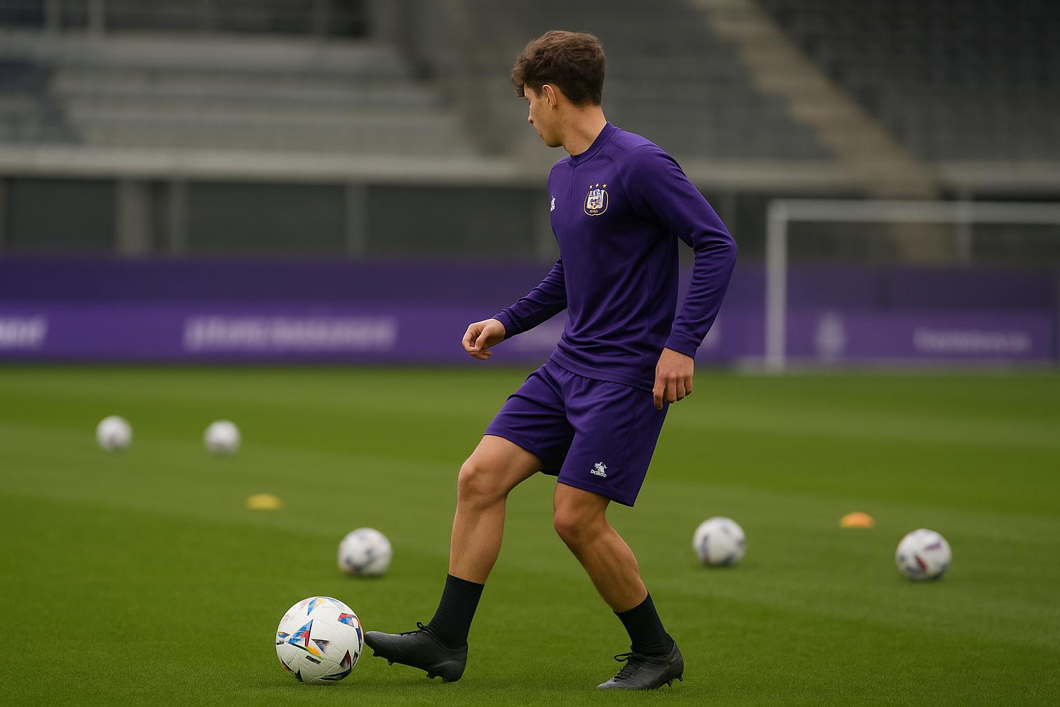 Nathan De Cat van Anderlecht tijdens een training, gezien vanop afstand zonder herkenbare gezichten.