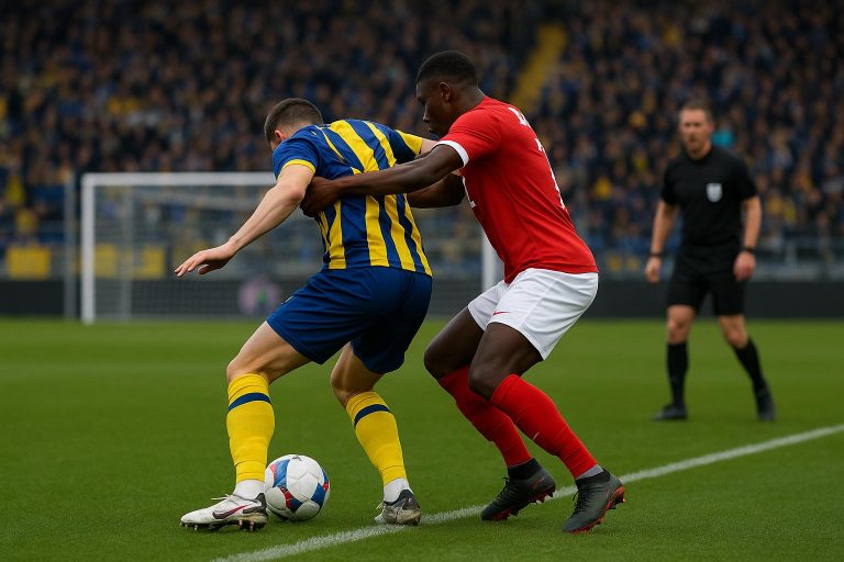 Spelmoment in het strafschopgebied tijdens Union Saint-Gilloise tegen Sint-Truiden met scheidsrechter op de achtergrond