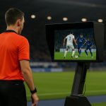 Scheidsrechter bij een VAR-scherm in een Belgisch stadion