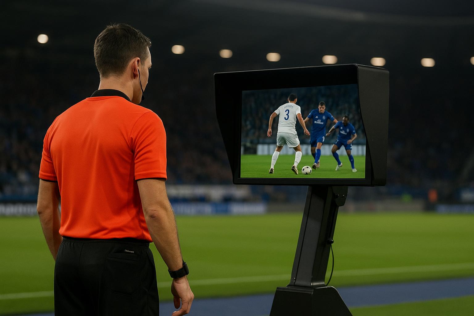 Scheidsrechter bij een VAR-scherm in een Belgisch stadion
