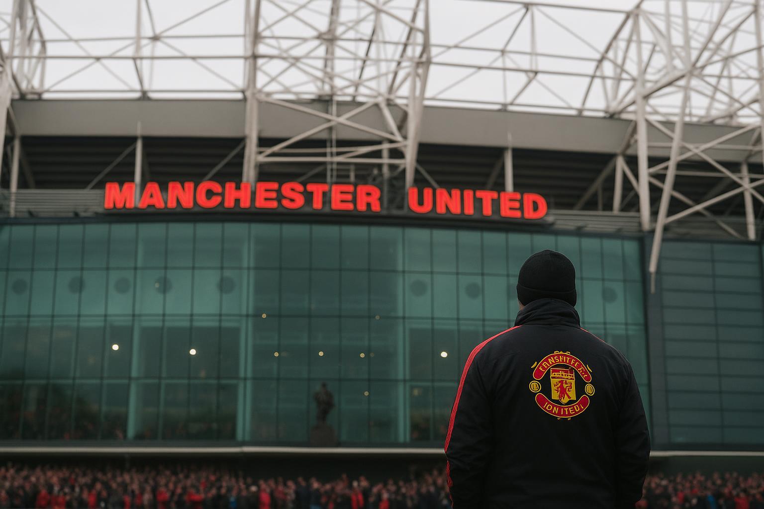 Sfeershot rond Old Trafford in Manchester, met focus op transferperiode zonder herkenbare gezichten
