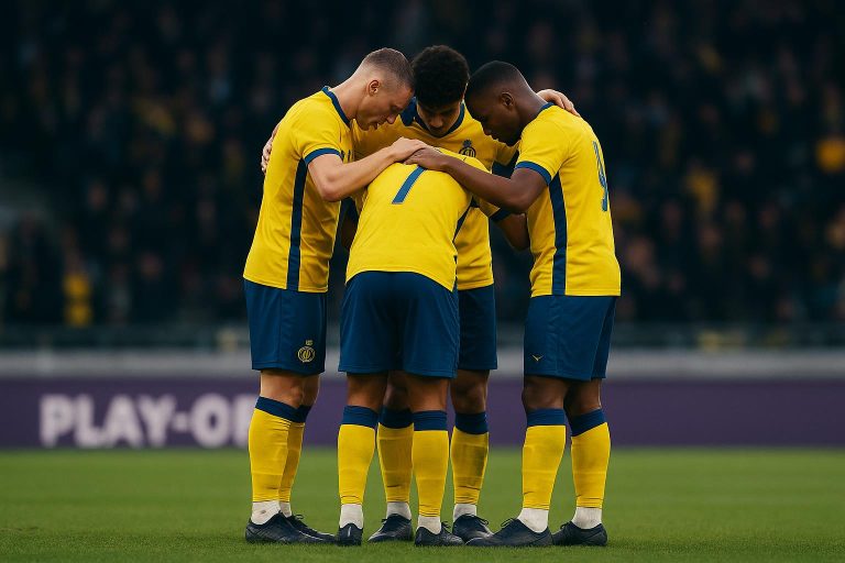 Spelers van Union Saint-Gilloise verzamelen op het veld tijdens de play-offs.