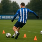 Een speler traint op het veld bij SC Heerenveen, met focus op een contractkans voor Pierre Dwomoh