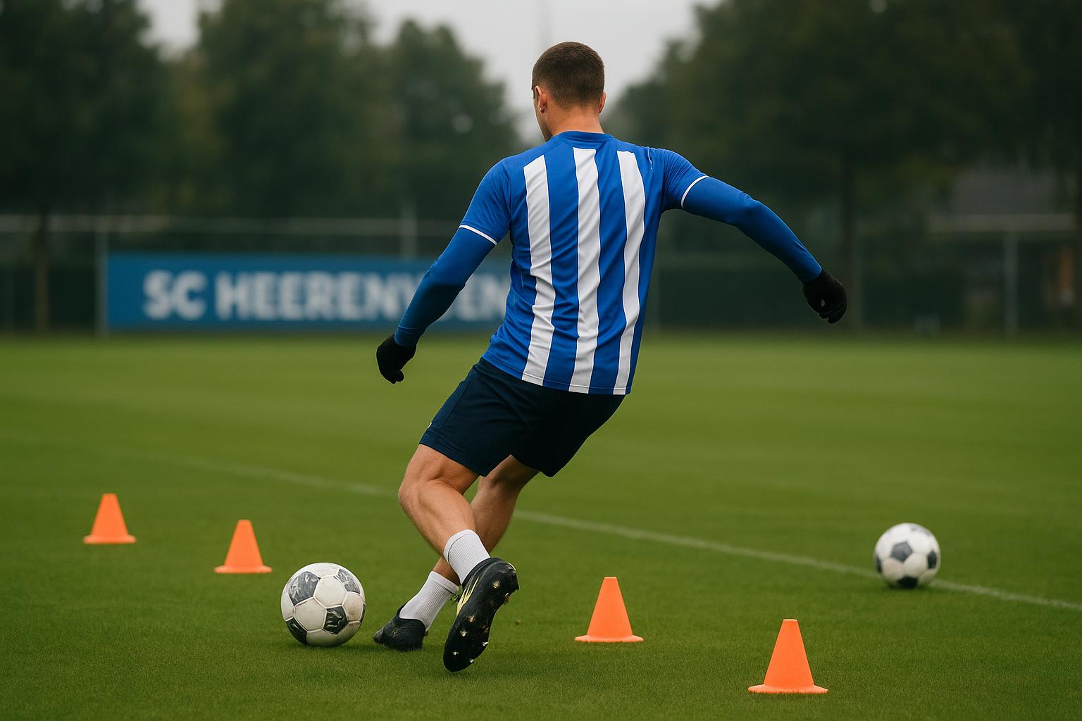Een speler traint op het veld bij SC Heerenveen, met focus op een contractkans voor Pierre Dwomoh