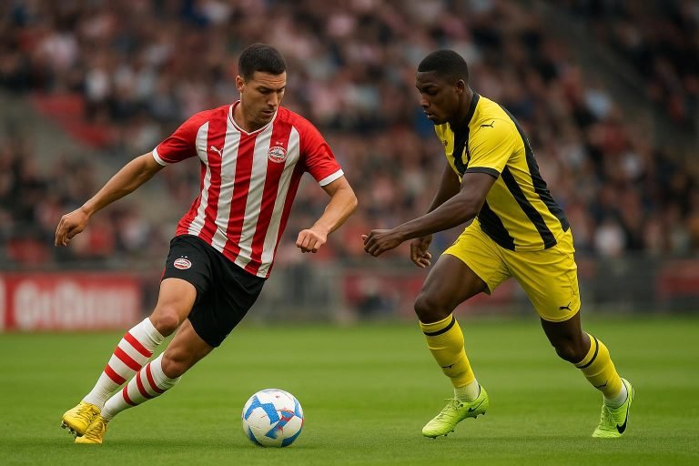 Ivan Perisic in actie in het shirt van PSV tijdens een wedstrijd.