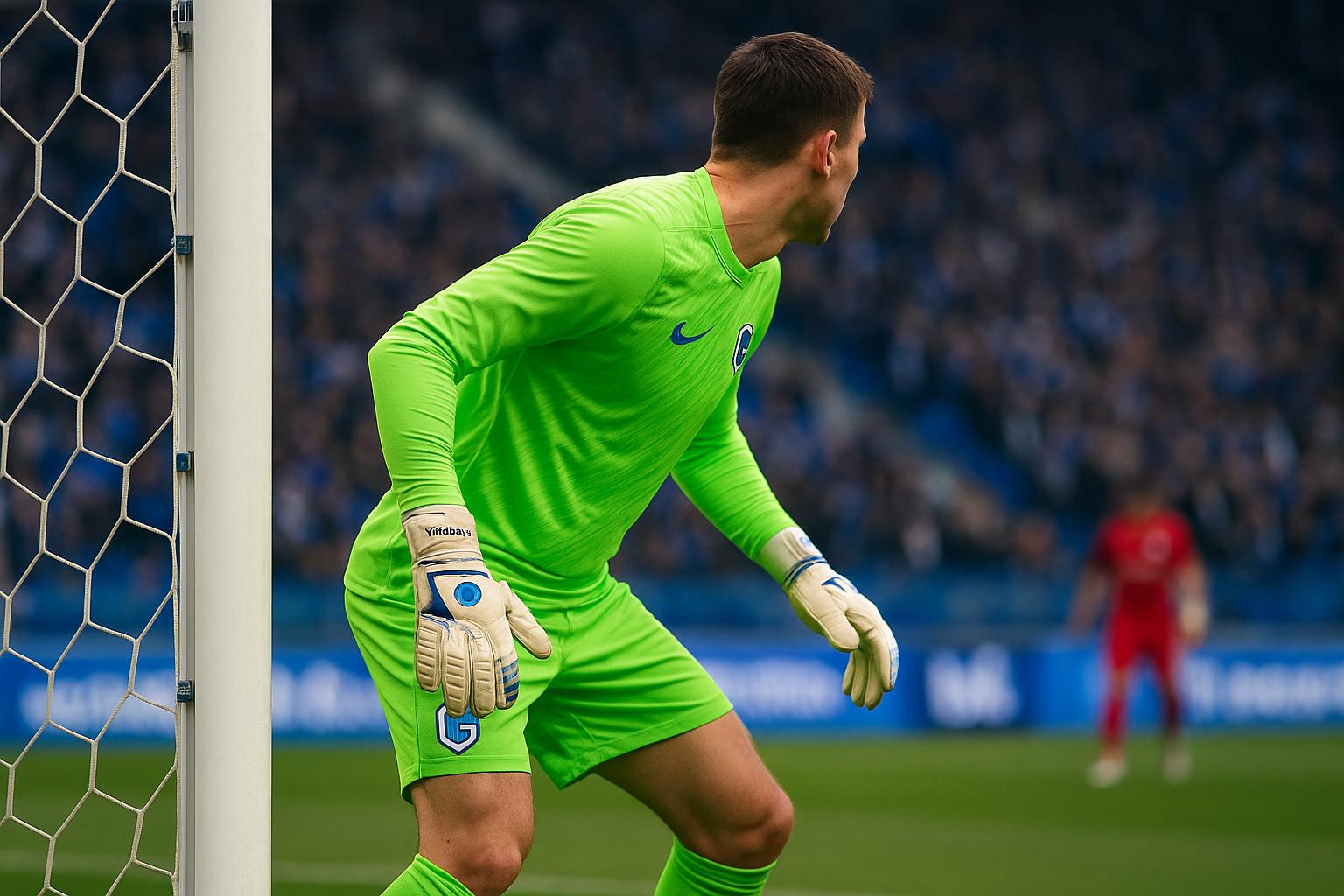 Lucca Brughmans van KRC Genk in keepersactie tijdens een wedstrijd op de Bosuil.