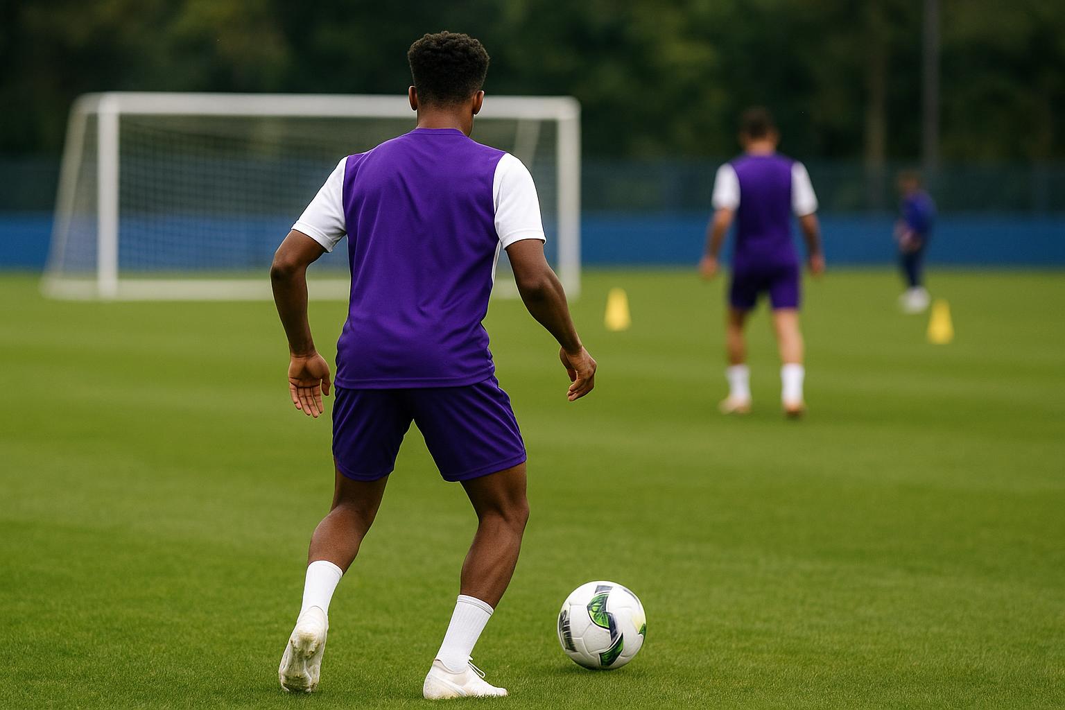 Trainingcontext van RSC Anderlecht bij een jeugdtoernooi, met focus op een verdediger zonder herkenbaar gezicht