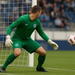 Doelman in het tenue van KRC Genk tijdens een wedstrijd, gezien vanop afstand