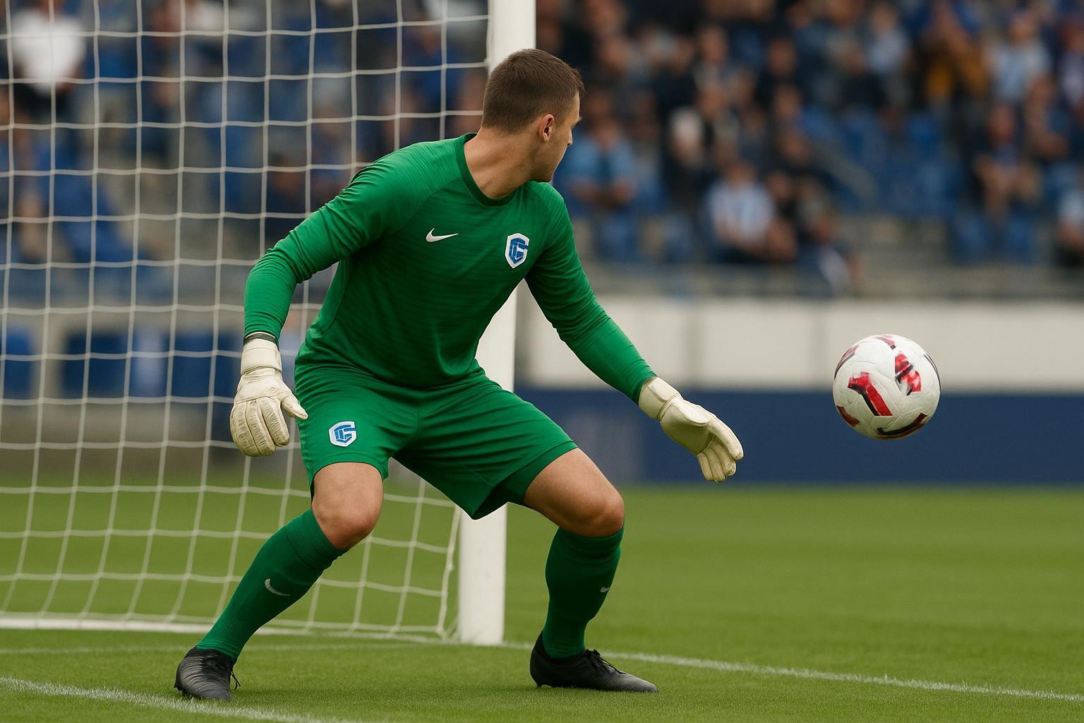 Doelman in het tenue van KRC Genk tijdens een wedstrijd, gezien vanop afstand