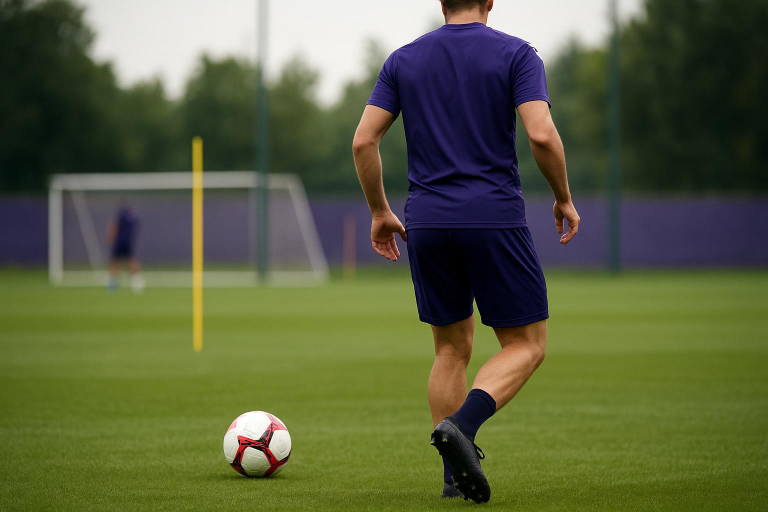 Moussia Diarra in Anderlecht-tenue tijdens een trainingsmoment, met focus op de verdediger zonder herkenbare gezichten.