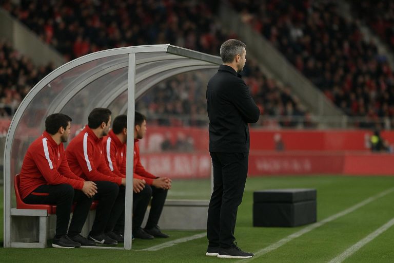 Beeld van de zijlijn bij een wedstrijd van Girona in La Liga, met de focus op de coachingzone zonder herkenbare gezichten.
