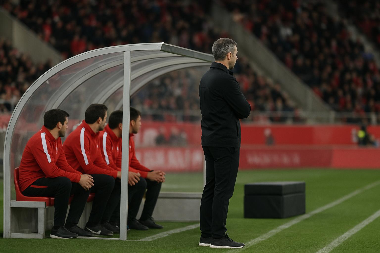 Beeld van de zijlijn bij een wedstrijd van Girona in La Liga, met de focus op de coachingzone zonder herkenbare gezichten.