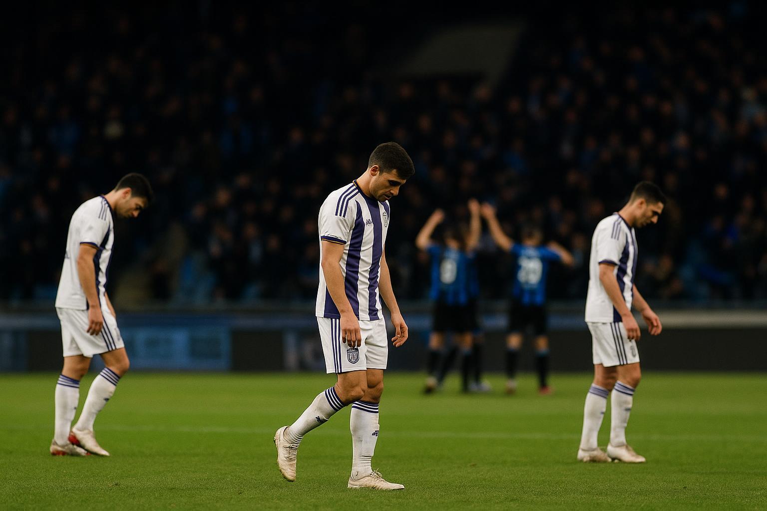Teleurgestelde spelers van Anderlecht tijdens de klassieker op het veld van Club Brugge