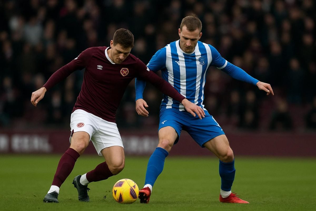 Spelers van Heart of Midlothian in een wedstrijdsituatie in een Schots stadion