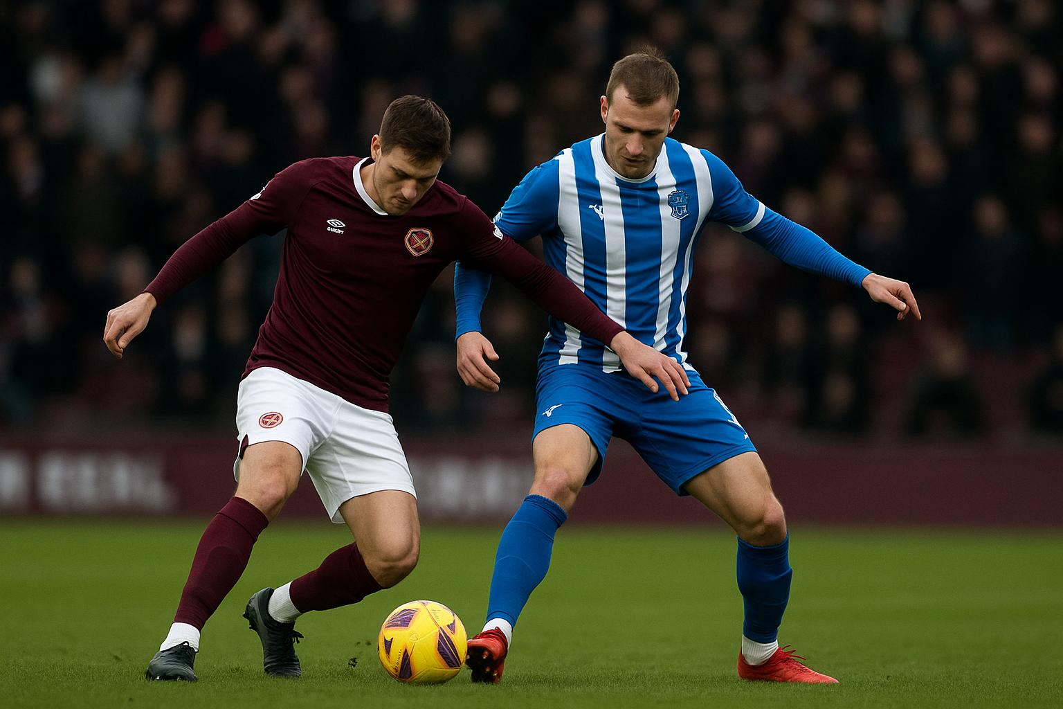 Spelers van Heart of Midlothian in een wedstrijdsituatie in een Schots stadion