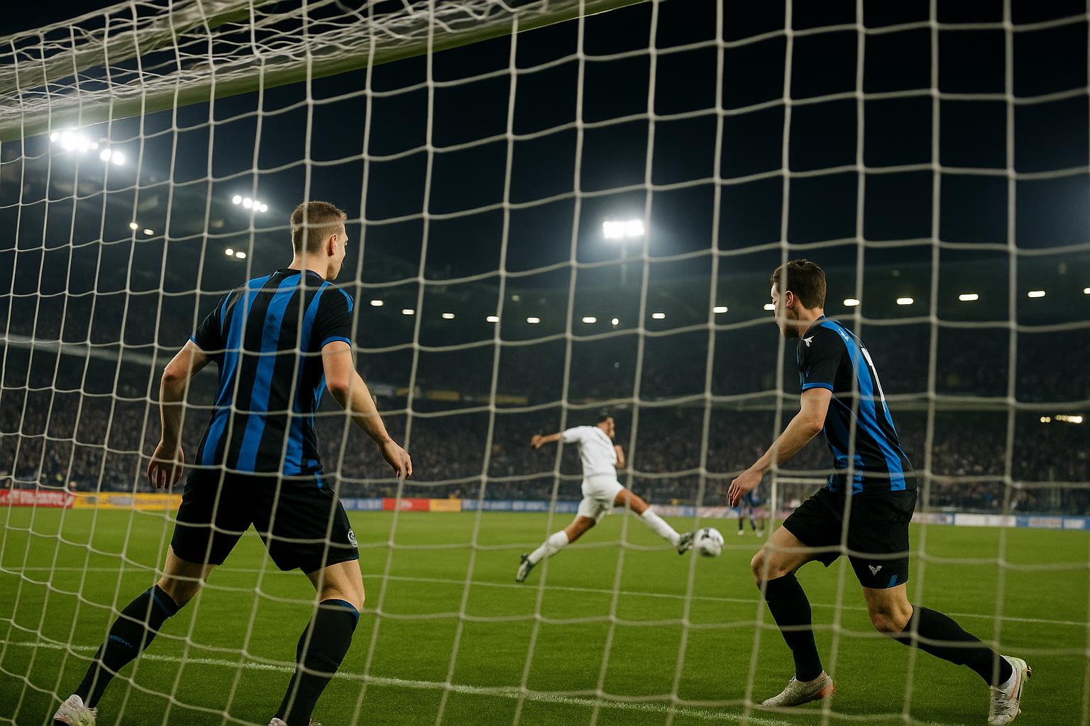 Doelgebied in een stadion tijdens een wedstrijd van Club Brugge, met focus op de goalzone