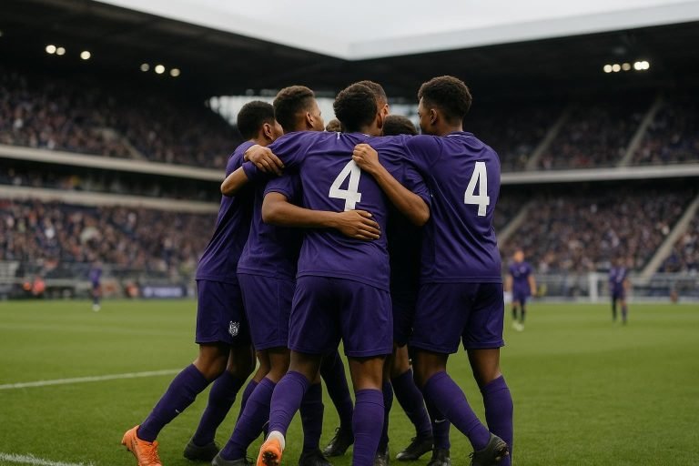 Spelers van RSC Anderlecht vieren de Future Cup na de finale tegen Real Madrid in Amsterdam.