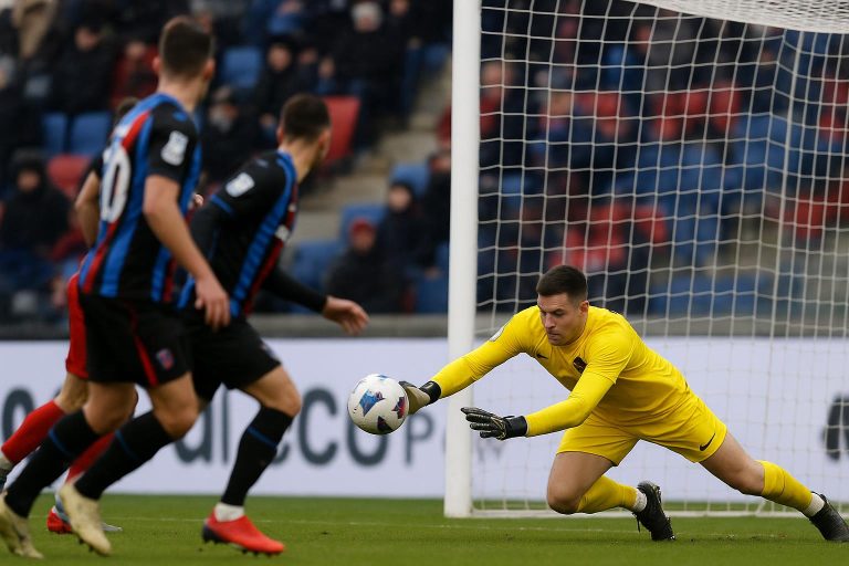 Spelers van Dender vieren na de zege op het veld van La Louvière in de Relegation Play-Off.