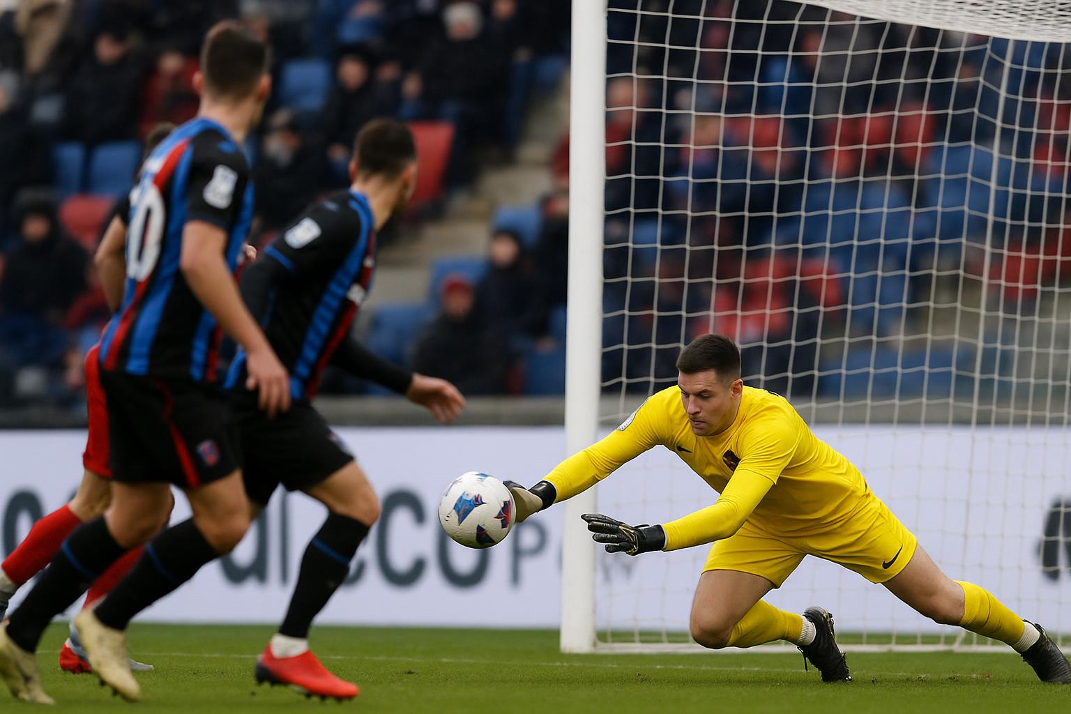 Spelers van Dender vieren na de zege op het veld van La Louvière in de Relegation Play-Off.