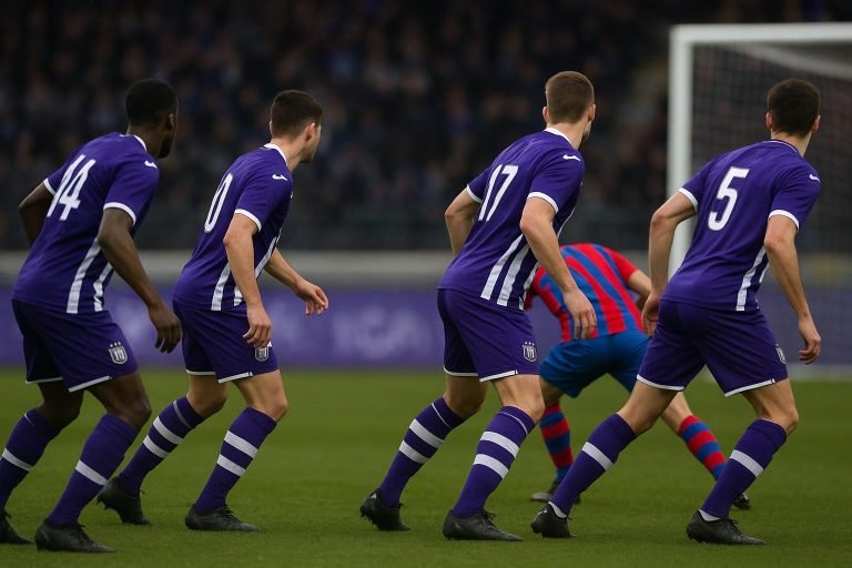 Spelers van RSC Anderlecht in verdedigende organisatie tijdens een wedstrijd