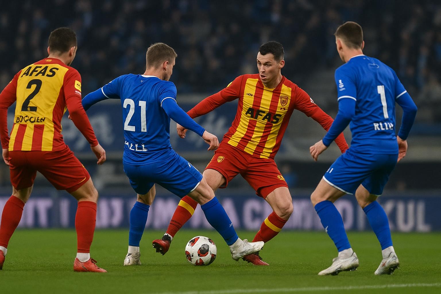 Spelmoment tijdens KAA Gent tegen KV Mechelen in het stadion, met spelers in duel en focus op de slotfase.