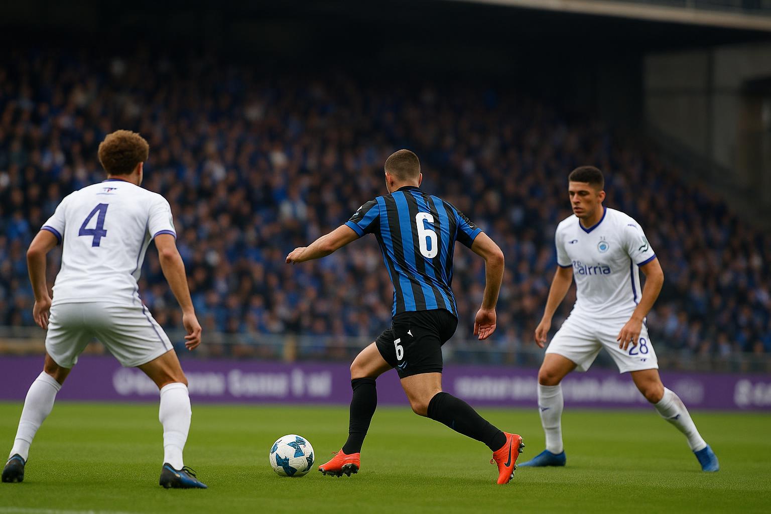 Spelmoment tijdens Club Brugge tegen RSC Anderlecht met focus op de defensieve organisatie