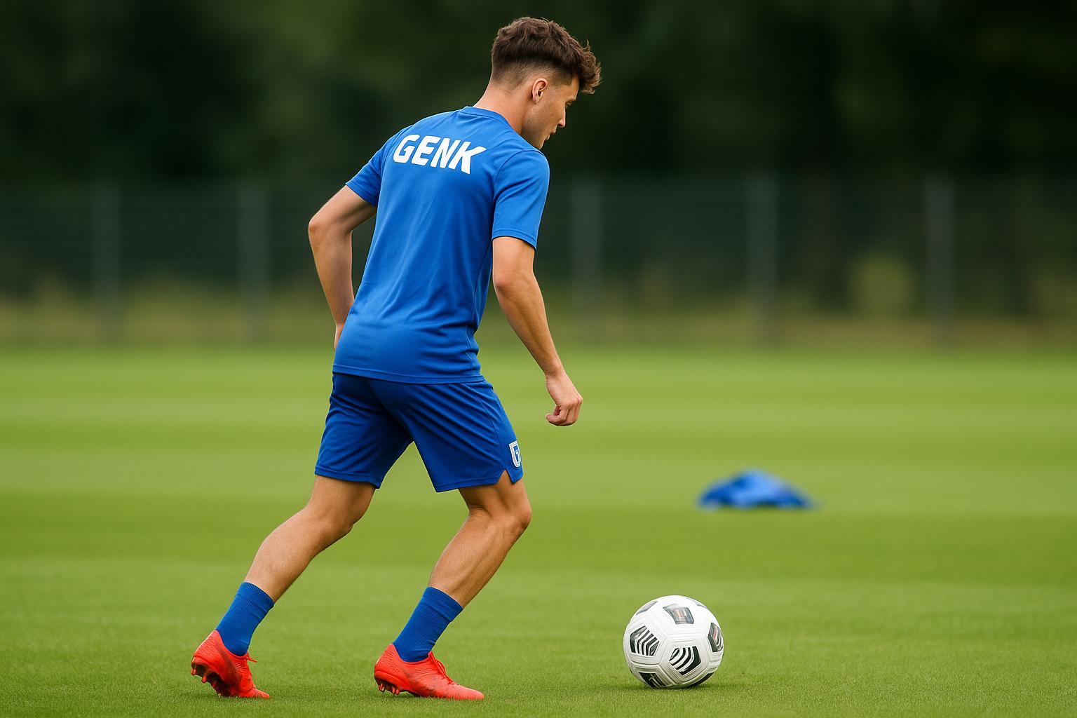 Trainingsbeeld in Genk-context met focus op een jonge spits, zonder herkenbare gezichten
