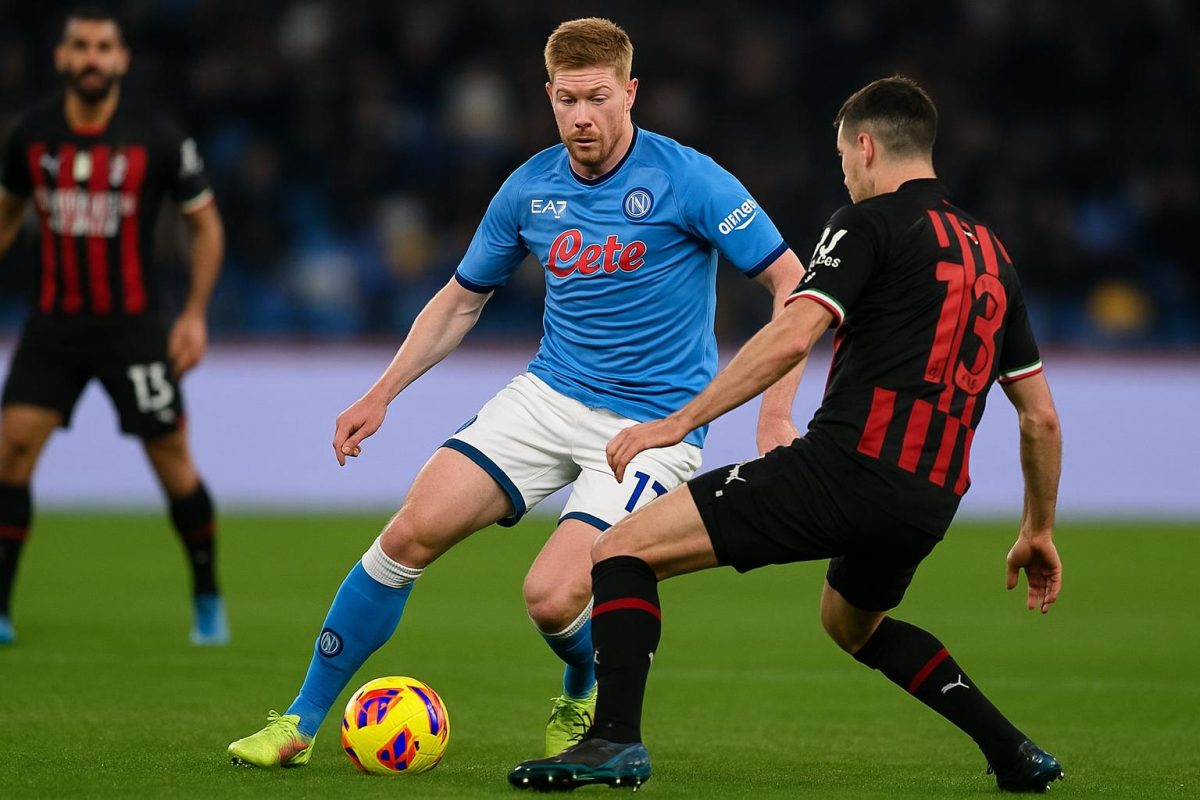 Spelmoment tijdens Napoli tegen AC Milan met spelers in duel in het stadion