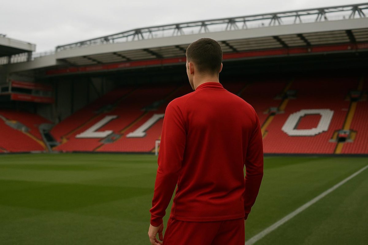 Een sfeerbeeld rond Liverpool en contractgesprekken op Anfield, zonder herkenbare gezichten.