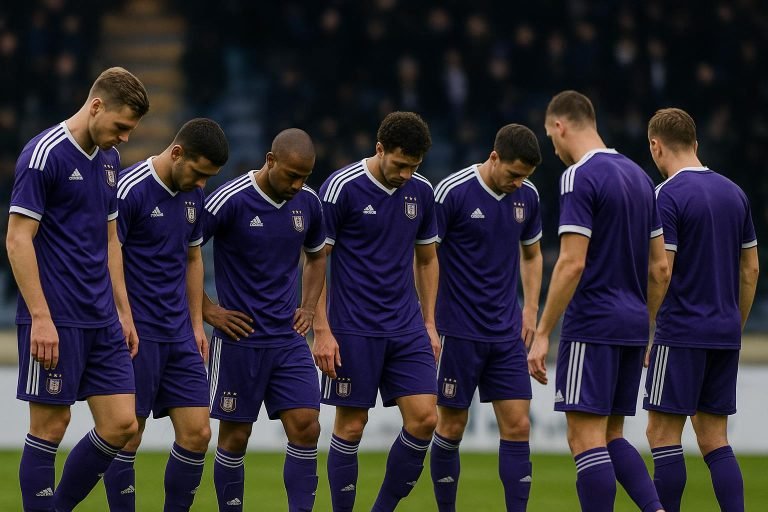 Spelers van RSC Anderlecht bij elkaar na een moeilijke wedstrijd in de Champions’ Play-Offs