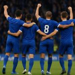 Spelers van KRC Genk vieren na een match in de Europe Play-Offs