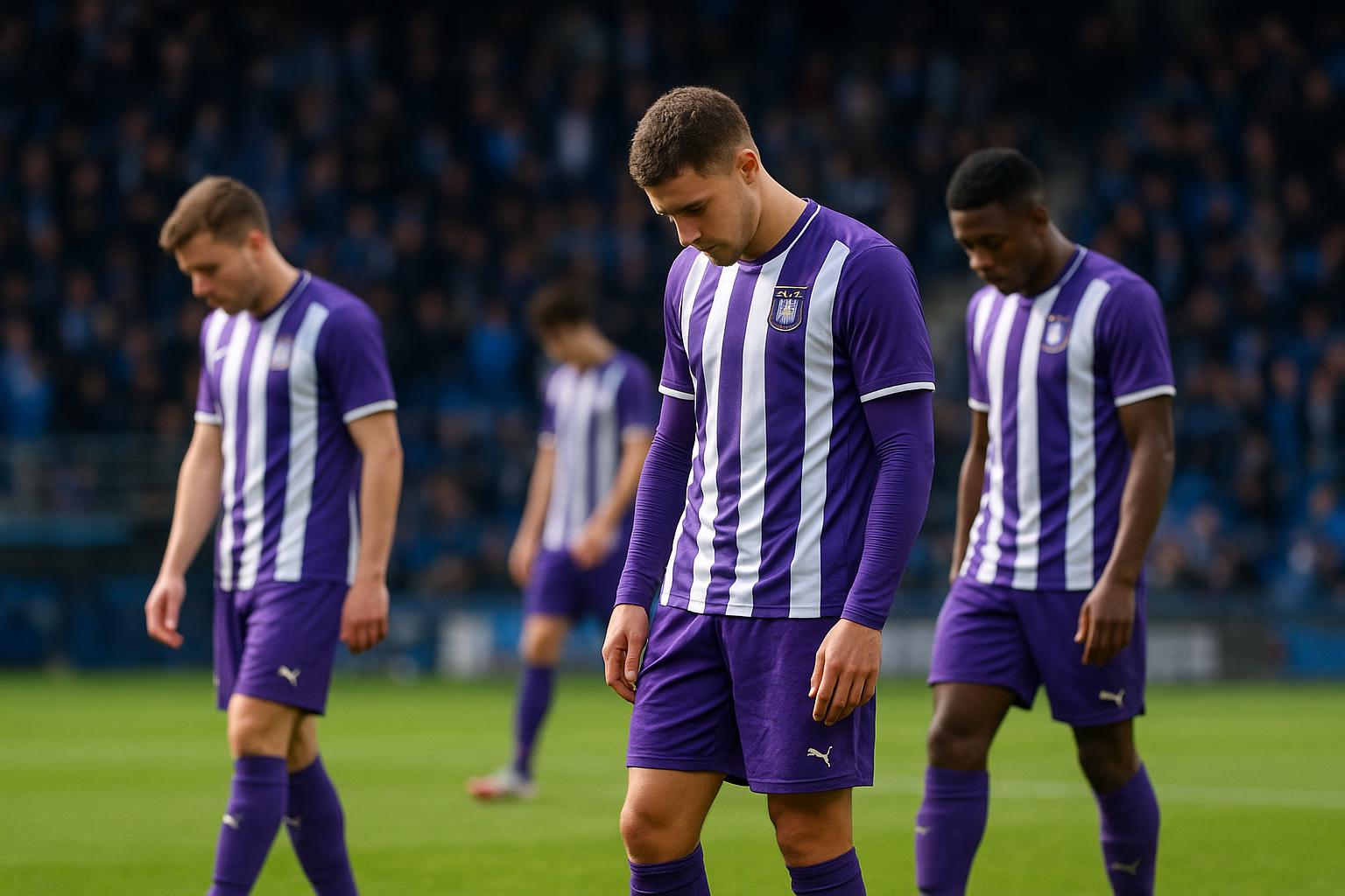 Spelers van RSC Anderlecht reageren teleurgesteld tijdens de uitmatch bij Club Brugge.