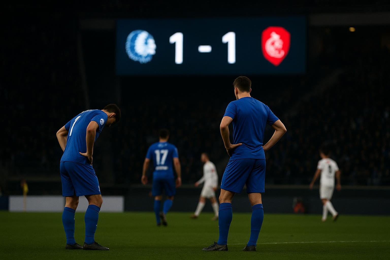 Spelers van KAA Gent op het veld na het gelijkspel tegen KV Mechelen in de Champions' Play-Offs