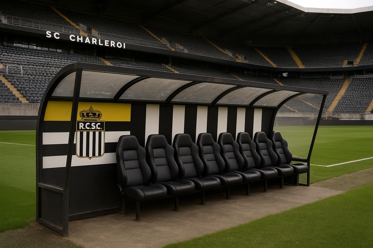 Stadionbeeld bij Sporting Charleroi met lege dug-out na trainerswissel