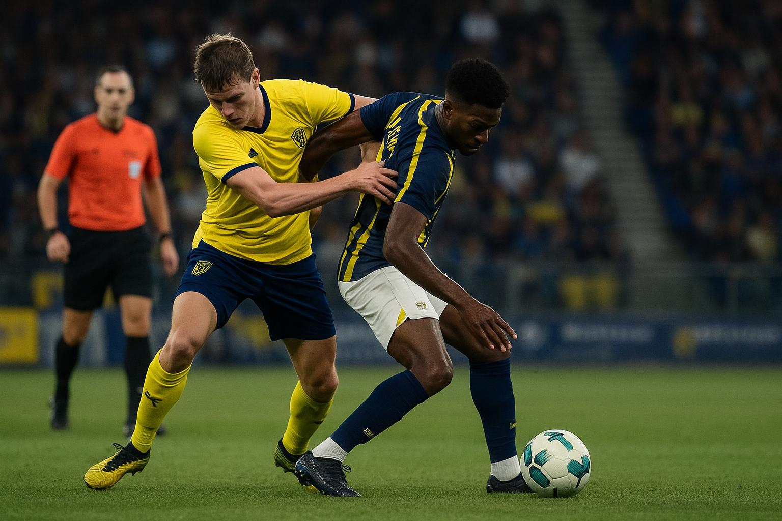 Spelmoment in Union SG tegen STVV met discussie rond een duwfout en VAR-beslissing