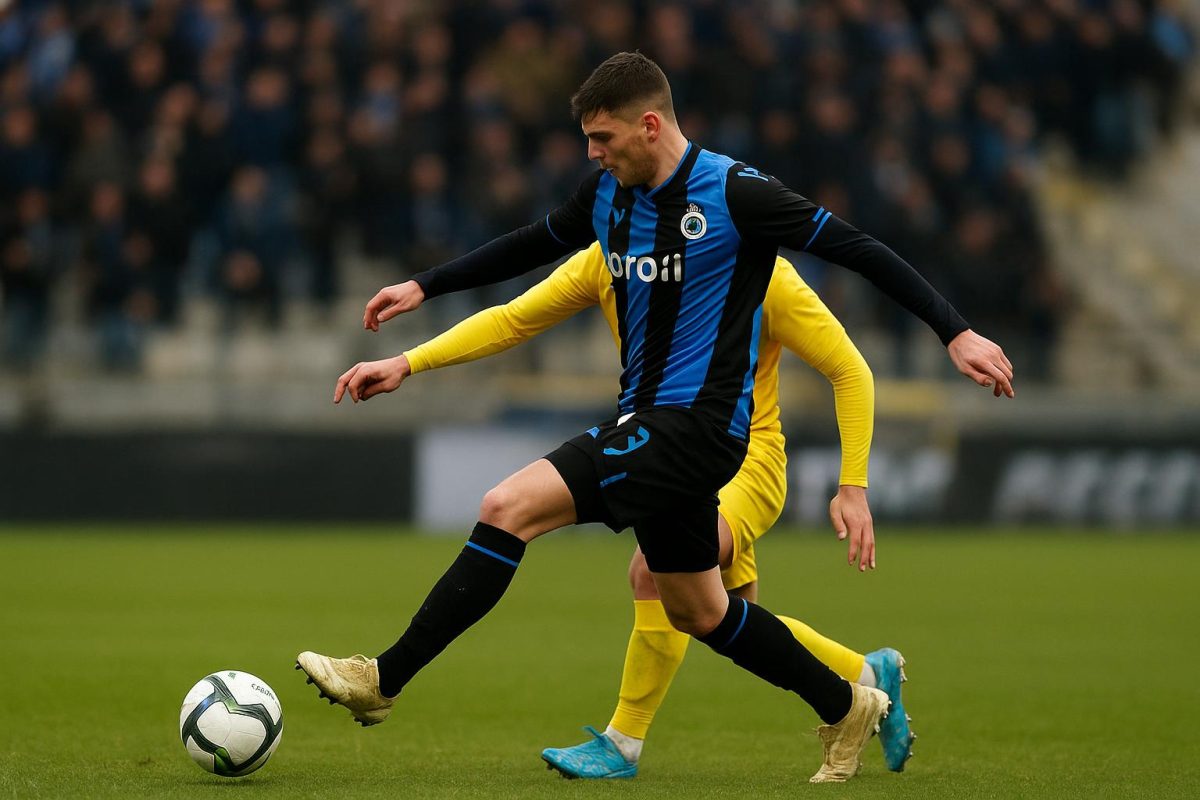 Christos Tzolis van Club Brugge viert na de wedstrijd tegen Anderlecht
