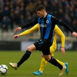 Christos Tzolis van Club Brugge viert na de wedstrijd tegen Anderlecht