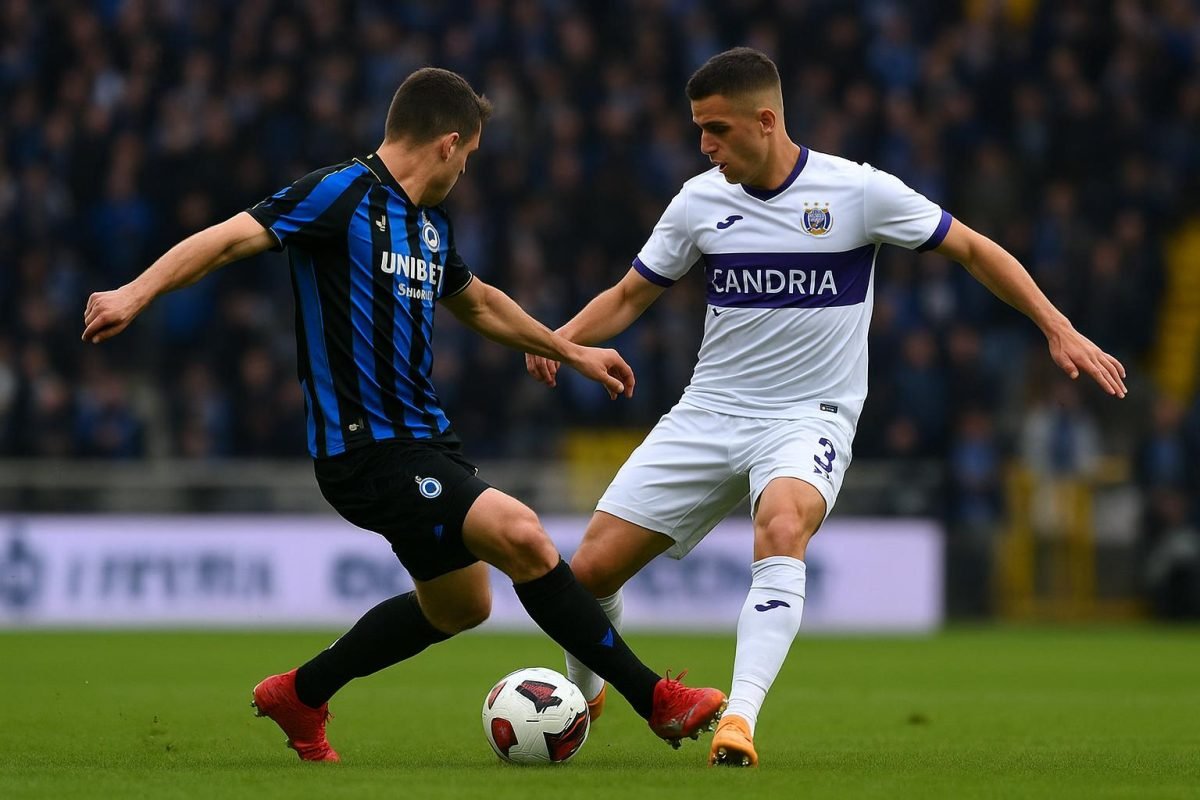 Spelmoment uit Club Brugge tegen RSC Anderlecht met spelers in duel om de bal