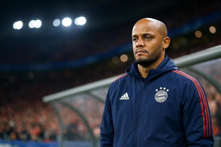 Vincent Kompany als coach van Bayern München langs de zijlijn in Europese wedstrijdsfeer
