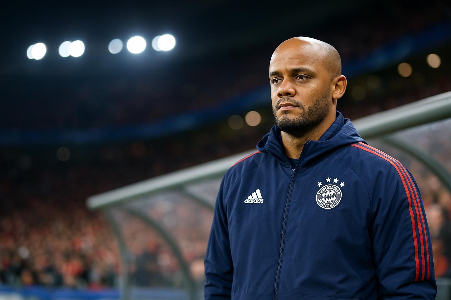 Vincent Kompany als coach van Bayern München langs de zijlijn in Europese wedstrijdsfeer