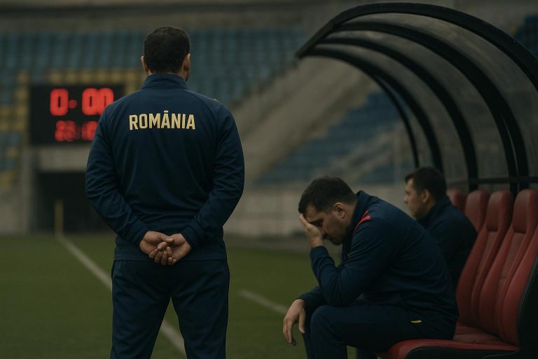Sfeervol beeld van een Roemeense voetbalcoach langs de zijlijn in een stadionomgeving
