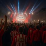 Sfeerbeeld van een huldiging op een plein met podium en publiek, zonder herkenbare gezichten.