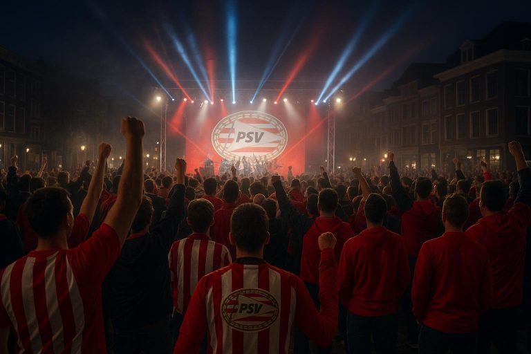 Sfeerbeeld van een huldiging op een plein met podium en publiek, zonder herkenbare gezichten.