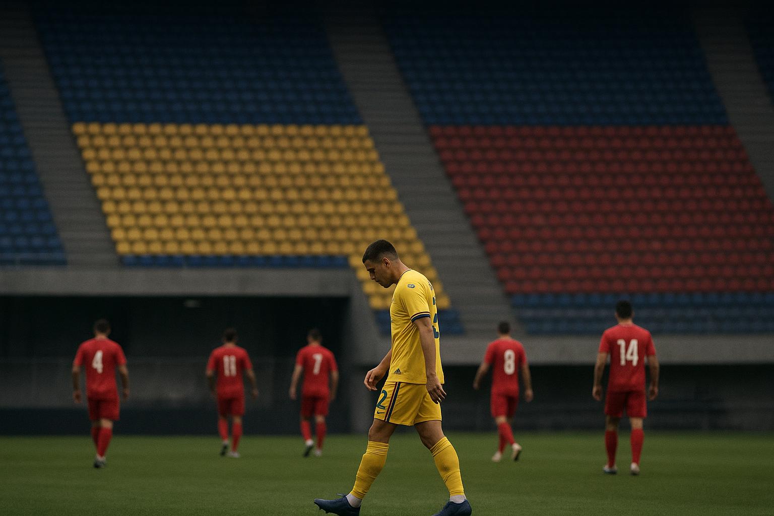 Neutrale stadionomgeving bij een interland van Roemenië, als context bij het overlijden van Mircea Lucescu.