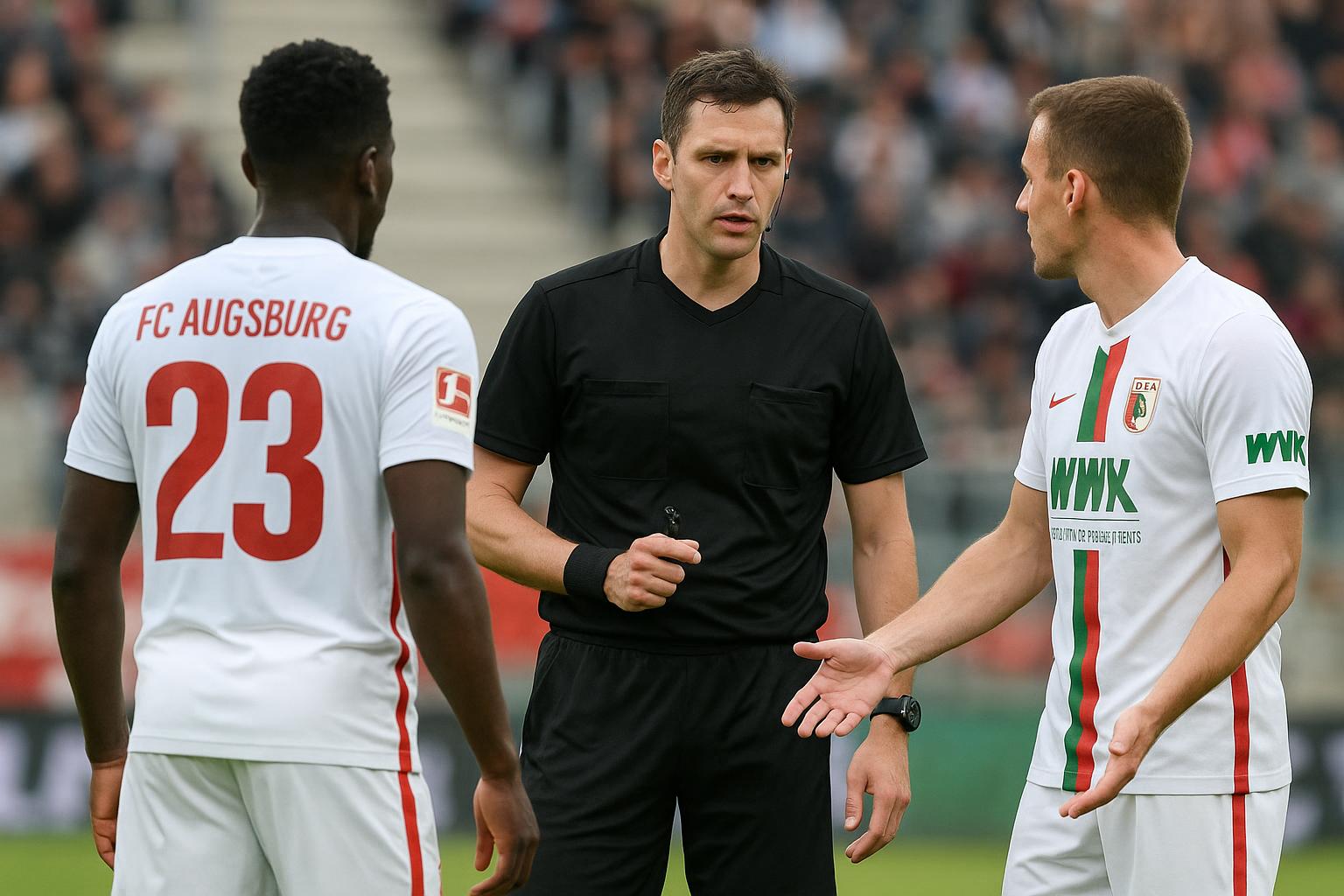 Michael Gregoritsch van FC Augsburg praat met scheidsrechter Deniz Aytekin na een fairplaymoment.