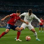 Spelers van Bayern München vieren op het veld van het Estadio Santiago Bernabéu na de 1-2 zege tegen Real Madrid.