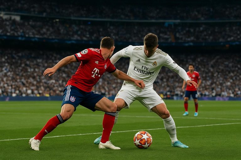 Spelers van Bayern München vieren op het veld van het Estadio Santiago Bernabéu na de 1-2 zege tegen Real Madrid.